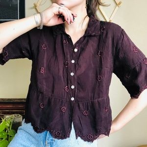Johnny Was Vintage Cropped Brown Floral Blouse